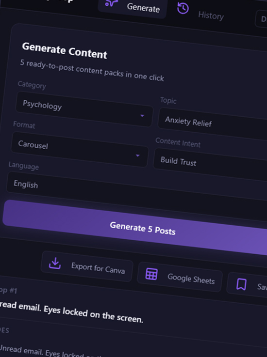 Daily Drop interface showing content generation and export workflow