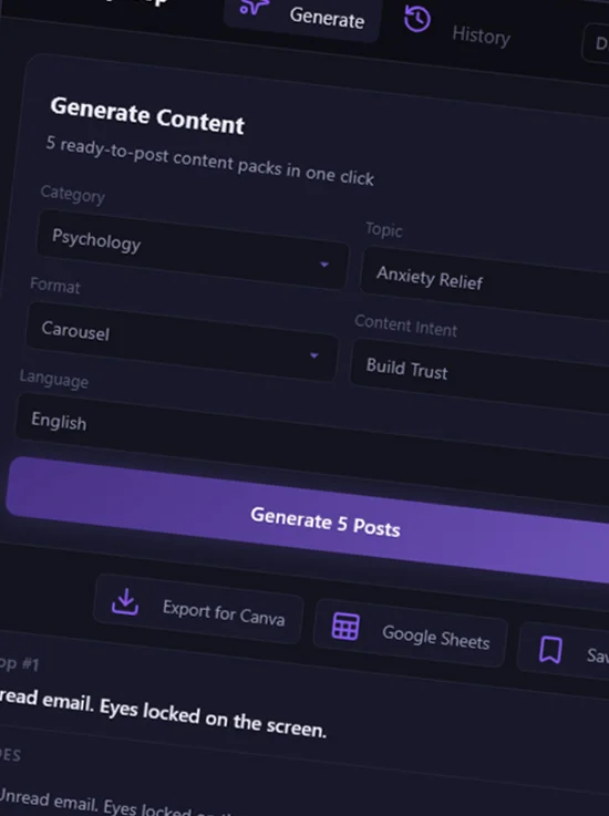 Daily Drop interface showing content generation and export workflow
