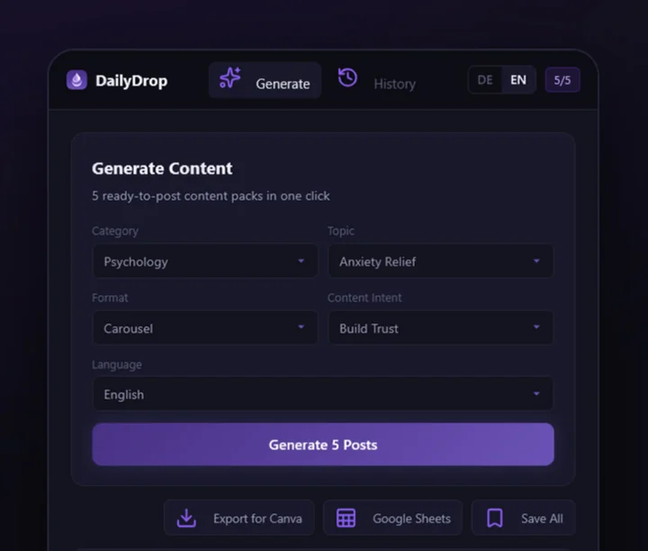 DailyDrop interface for generating five content packs with Canva and Google Sheets export